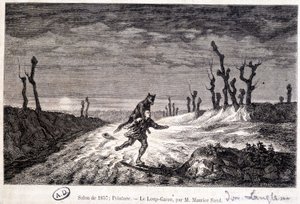 人を襲う狼男（werewolf） - 1857年のサロンに出展されたモーリス・サンドのap.絵画より。 作： Baron Dudevant Jean Francois Maurice (after) Sand