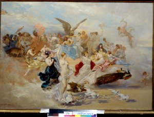 パリスの審判（The Judgement of Paris）。 Ernest Karlovich Liphart (1847-1932) による絵画、キャンバスに油彩。 19世紀のロシア美術。 F.コヴァレンコ美術館、クラスノダール（ロシア）。 作： Baron Ernest Friedrich von Liphart