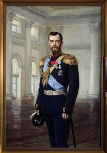 1900 年 (1868-1918) のロシア皇帝ニコライ 2 世の肖像画。Ernest Karlovich Liphart (1847-1932) による絵画。国立野外博物館ツァールスコエ セロー、サンクトペテルブルク。 作： Baron Ernest Friedrich von Liphart