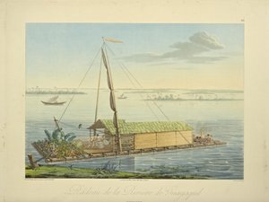 マルケスが描いたグアヤキル川でのいかだ、ブーケの彫刻 作： Baron Friedrich Alexander von Humboldt