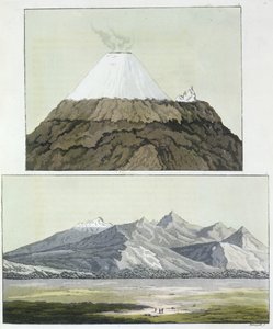 コトパクシの頂上（上）、コトパクシの噴火、1803年（下）、ジュールスフェラーリオ著「ルコスチュームアンシェンエモデルヌ」、ボリュームI、1820年代から30年代に発行