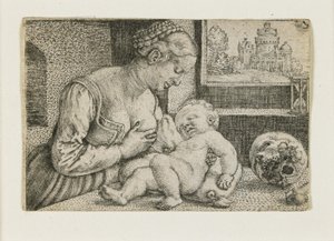頭蓋骨と砂時計を持つ母と子c。 1528-1530 作： Barthel Beham