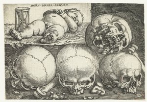 砂時計と 4 つの頭蓋骨で眠っている子供 Mors Omnia Aequat (オブジェクトのタイトル) 作： Barthel Beham