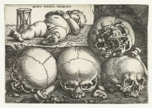 砂時計と 4 つの頭蓋骨で眠っている子供 Mors Omnia Aequat (オブジェクトのタイトル) 作： Barthel Beham