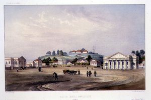 アルフレッド・レオン・ルメルシエが彫刻したシンガポールのプロテスタント寺院の眺め、1840年頃（手彩色リトグラフ版） 作： Barthelemy (after) Lauvergne