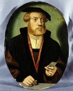 裏地に毛皮のついたケープを着た青年の肖像 作： Bartholomaeus the Elder Bruyn