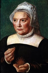 マルティン・ルターの妻、カトリーヌ・ド・ボレ（カタリーナ・フォン・ボラ）（1499-1552）の肖像 手には盟約を持ち、イチゴの首輪をつけています。バルトロマエウス（バルテル）・ブルイン長老（1493-1555）の絵 シャンティイ、コンデ美術館 作： Bartholomaeus the Elder Bruyn