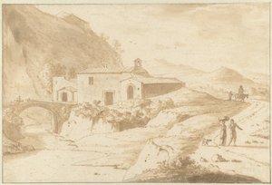 橋のそばの礼拝堂のある丘陵風景 作： Bartholomeus Appelman