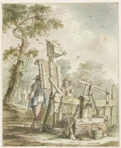 給水ポンプの近くの看板に 2 人の男性がいる風景 作： Bartholomeus Barbiers