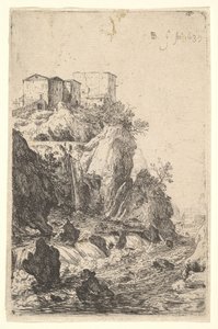 ポンテデッラトラベ近くのカスケード、1639年シリーズの岩の露頭に建物があります。 作： Bartholomeus Breenbergh