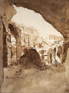 コロッセオ内の風景（紙に黒チョーク、ペン、ブラウンウォッシュ） 作： Bartholomeus Breenbergh
