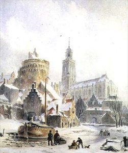 凍った川で遊ぶ子供たち、デベンター大聖堂の向こう側 作： Bartholomeus Johannes van Hove