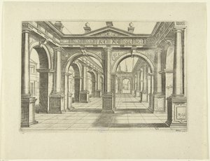 ドリス様式の中央に二重アーチを持つ建物 パースペクティブ、パート 2 (シリーズ タイトル) 作： Bartholomeus Willemsz. Dolendo