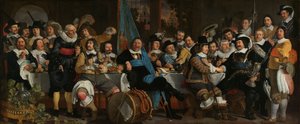 ミュンスター条約を祝う弩弓兵ギルドでの晩餐会 1648 年 6 月 18 日、アムステルダムのクロスボウ市民市民警備隊 (セント ジョージ ガード) の本部でのミュンスターの和平の祝典 作： Bartholomeus van der Helst