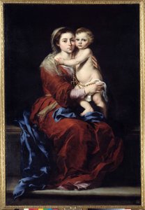 ロザリオの処女です。マドンナは子供を持っています。バルトロメ・ムリーリョ（1618-1682）の絵画 作： Bartolomé Esteban Murillo