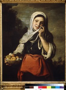果物売りの少女。 バルトロメ・エステバン・ムリーリョ (1617-1682) の絵画 作： Bartolomé Esteban Murillo