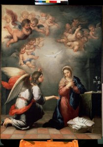 受胎告知。 バルトロメ エステバン ムリーリョ (1617-1682) による絵画、1660 年頃。スペイン美術、バロック様式。 エルミタージュ美術館、サンクトペテルブルク。 作： Bartolomé Esteban Murillo