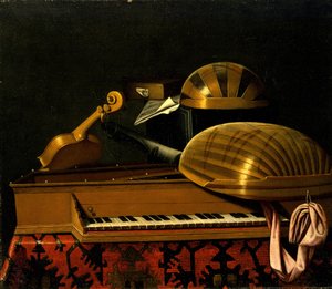 楽器と本のある静物、17世紀半ば。 作： Bartolomeo Bettera