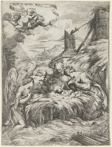 マリア、ヨセフ、天使による礼拝 作： Bartolomeo Biscaino