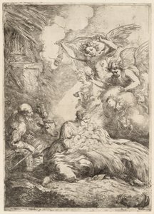 天使に愛された聖家族 大降誕、c。 1655年。 作： Bartolomeo Biscaino