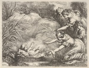 ファラオの娘の召使いによってナイル川から救出されたモーセの発見...、1650-57。 作： Bartolomeo Biscaino