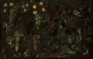 ぶどうの木と果物、セキレイが 3 本、約 1615-18。 作： Bartolomeo Cavarozzi