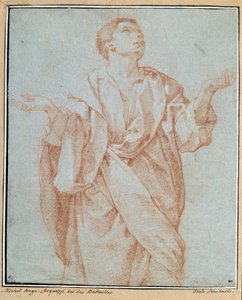 男はドレープをかけ、両手を広げ、目を天に向け、頭を傾ける Bartolomeo Cesi (1556-1620) のDrawing a la sanguine 薄暗い。0.28 x 0.23 m パリ.ルーヴル美術館 作： Bartolomeo Cesi