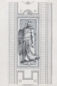 プレート 15: ヘルメットをかぶって盾を持った神話上の人物、1756 年 作： Bartolomeo Crivellari