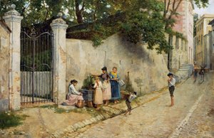 噴水で、バルトロメオ・ジュリアーノ（1825-1909）作、キャンバスに油彩、64.5x100 cm 作： Bartolomeo Giuliano