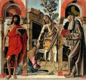 メアリーマグダレンと洗礼者ヨハネとジェロームと一緒に復活したキリストc。 1492年 作： Bartolomeo Montagna
