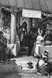 ベファーナ（イタリアのクリスマスの魔女）、エピファニーの時期にナヴォーナ広場でお菓子やヌガーを売る露店、ローマ、Bartolomeo Pinelliのエングレーヴィング 作： Bartolomeo Pinelli