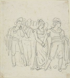 女に手を引かれる山賊の頭領（レクト）；風景の中の2人の人物のスケッチ（裏面） 作： Bartolomeo Pinelli