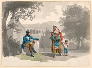 カンパーニャの廃墟の中で座っている紳士とすれ違う少年を手で抱く女性の素描、1807年 作： バルトロメオ・ピネリ