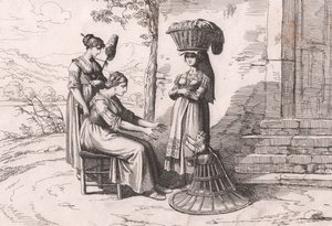 伝統的な衣装を身にまとったローマの女性たち、Bartolomeo Pinelliの銅版画（ローマ 作： Bartolomeo Pinelli