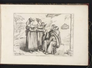 Frascati の 2 人の女性と隠者 Donne di Frascati, ed Eremita (オブジェクトのタイトル) ローマとその周辺の人物を描いたコスチュームプリント（シリーズタイトル） Nuova raccolta di cinquanta costumi de contorni di Roma (シリーズ タイトル) 作： Bartolomeo Pinelli