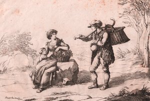 伝統的な衣装を着たピエトラ・テラッツァーナの女性（アブルッツォ州）とジオンカターロ（カチョッテチーズの販売者）、バルトロメオ・ピネッリ（ローマ）のエッチング。 作： Bartolomeo Pinelli