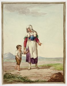 ネイティブ・コスチュームの女性と道行く少年 作： Bartolomeo Pinelli