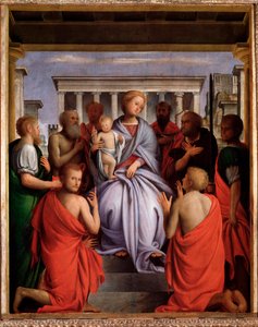 8人の聖人を抱く聖母子」（Madonna col Bambino e otto santi） バルトロメオ・スアルディ（Bartolommeo Suardi）がブラマンティーノ（1465-1530）と言った絵画 1515-1520 点数 214x104 cm フィレンツェ、ピッティ宮殿 作： Bartolomeo Suardi Bramantino