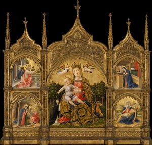 謙遜のマドンナ、受胎告知、キリスト降誕、ピエタ、1465年頃（木の上のテンペラと金） 作： Bartolomeo Vivarini