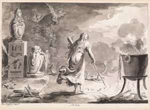 メディア。 爬虫類、海の生き物、魔女の大釜、エジプトの神々の間で背を向けた女性が、夜に魔法のルーン文字を地面に円で書いています。 作： Bartolomeo d