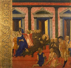 憑かれた女を祓うサン・ベルナルディーノ、ネロッチョ・ディ・バルトロメオ作（1447-1500）、絵画、プッブリコ宮殿、シエナ、イタリア。 作： Bartolomeo di Neroccio
