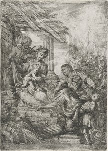 王家の礼拝（賢者の供物）』 1657年以降（エッチング・敷紙 作： Bartolommeo Biscaino