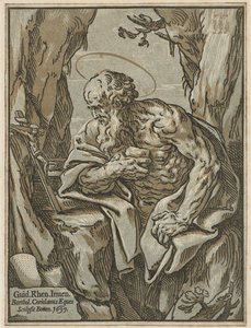 聖ヒエロニムス、グイドレニ後、1637年（敷設紙の3つのブロックからキアロスクーロの木版画） 作： Bartolommeo Coriolano