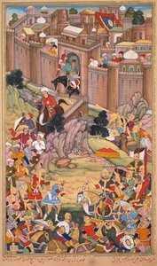 Hulagu Khan の時代の Arbela の包囲、Rashid al-Din (Persian、1247–1318) の Jami al-tavarikh (年代記の大要) の Chingiz-nama (Book of Chingiz Khan) のページ 作： Basavana