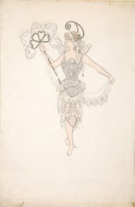 扇子を持つ貴婦人の衣装デザイン、1890-99年。 作： Basil Crage