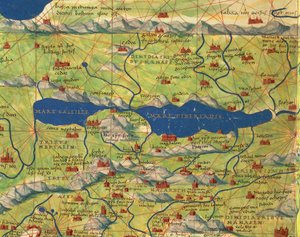 聖地、イスラエル、パレスチナ。ガリラヤ海とティベリアスの街、Battista Agnese著「Atlas of the World in thirty-three Maps」より 作： Battista Agnese