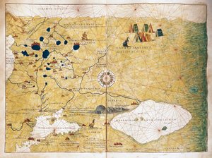 ヴォルガ川沿いのロシアとヨーロッパの都市の地図「Moschoviae Tabula 作： Battista Agnese