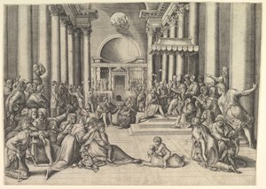 聖座にローマ市を紹介するコンスタンティヌス、右側には多くの見物人が..., ca. 1530-61。 作： Battista Franco Veneziano