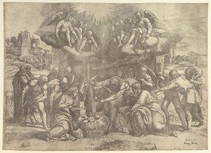 天使が頭上にいる羊飼いの崇拝、約。 1530-61。 作： Battista Franco Veneziano