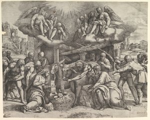 天使が頭上にいる羊飼いの崇拝、約。 1530-61。 作： Battista Franco Veneziano